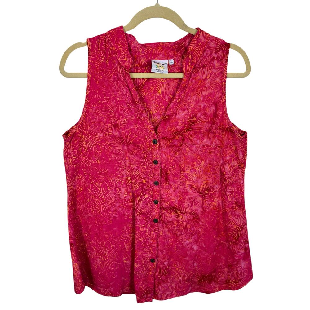 Batik Bali Vtg Pink‎ Orange Button Up Sleeveless Top Boho Coconut Girl Summer L
